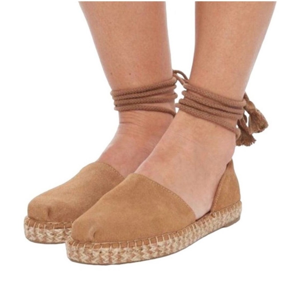 New Toms Katalina Suede DOrsay Flat Espadrilles Tan Size 11 Tasseled Lace Up